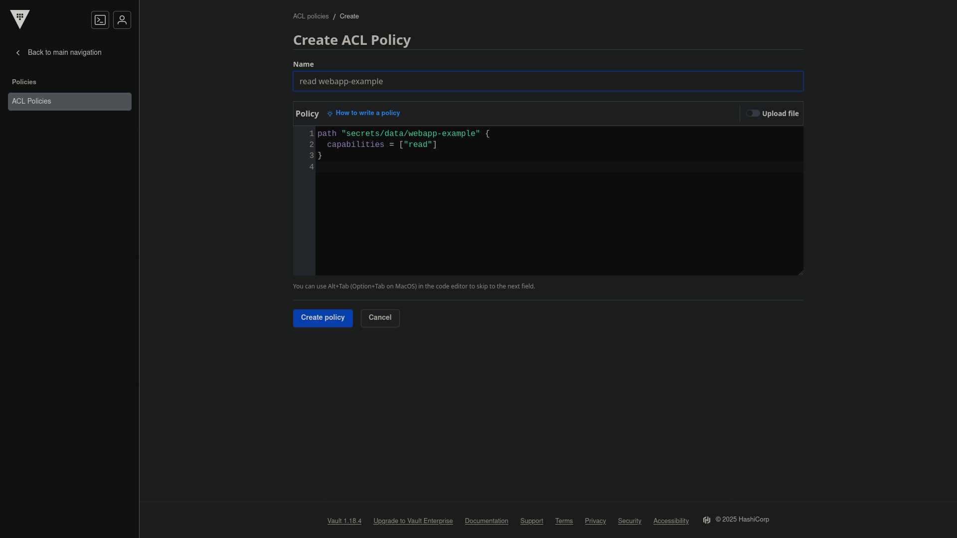 Vault UI - Create Policy