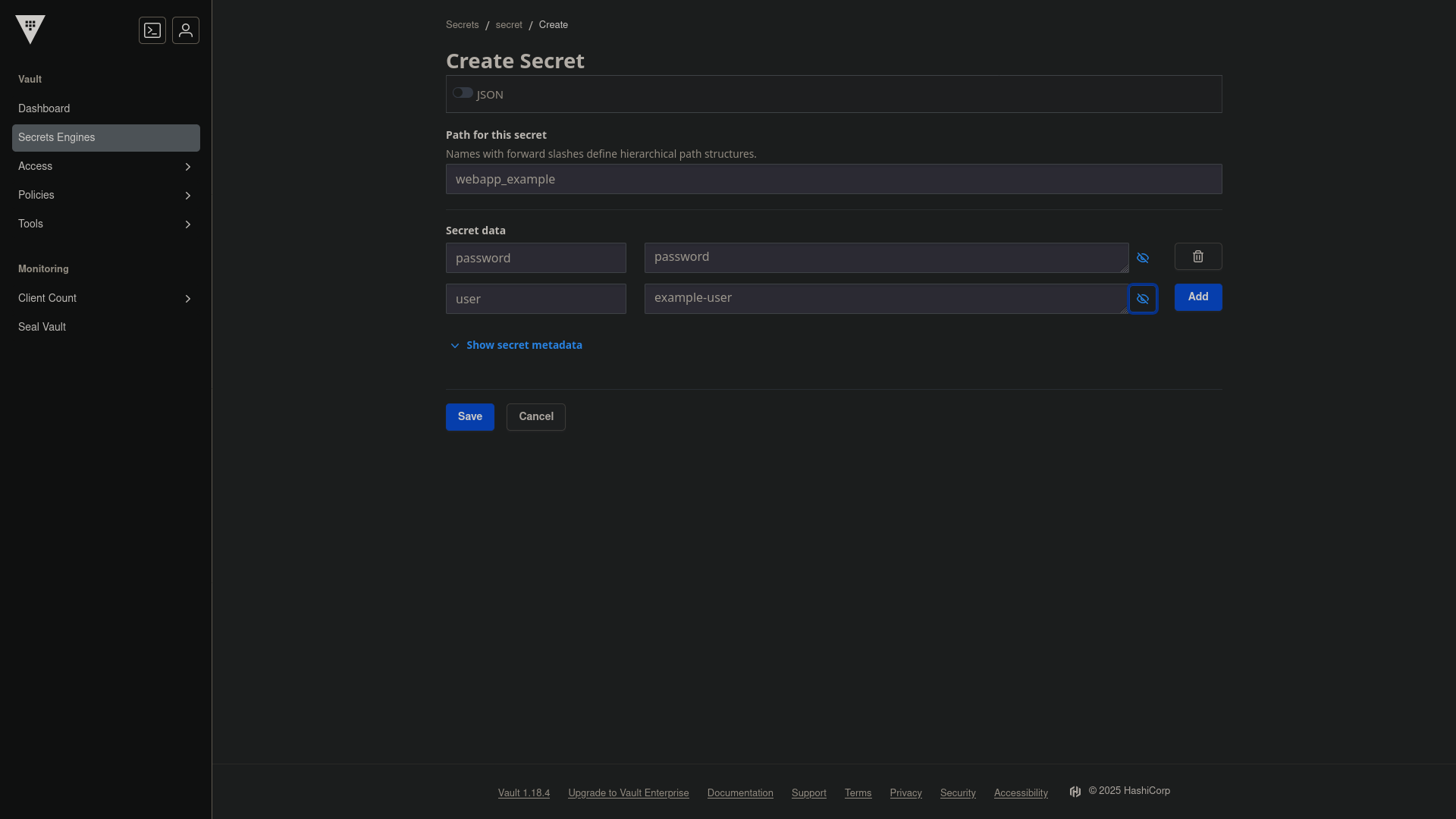 Vault UI - Create Secret
